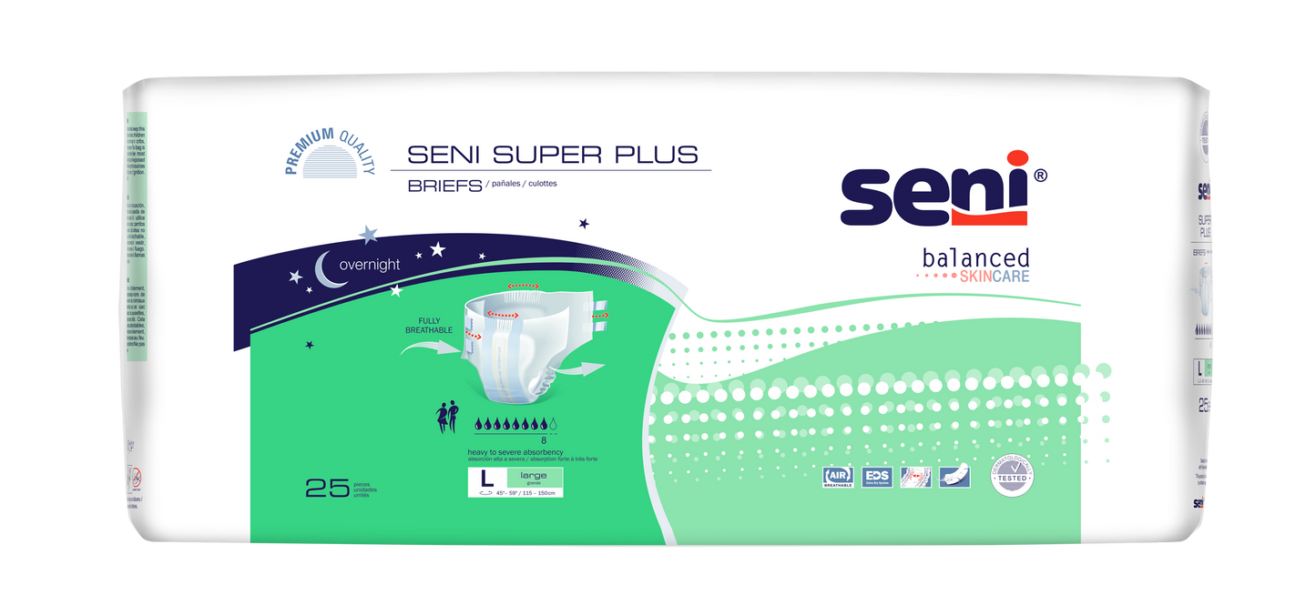 Seni Super Plus Briefs, Large, 25 Count - 45" - 59" - MahaStar Adult Products