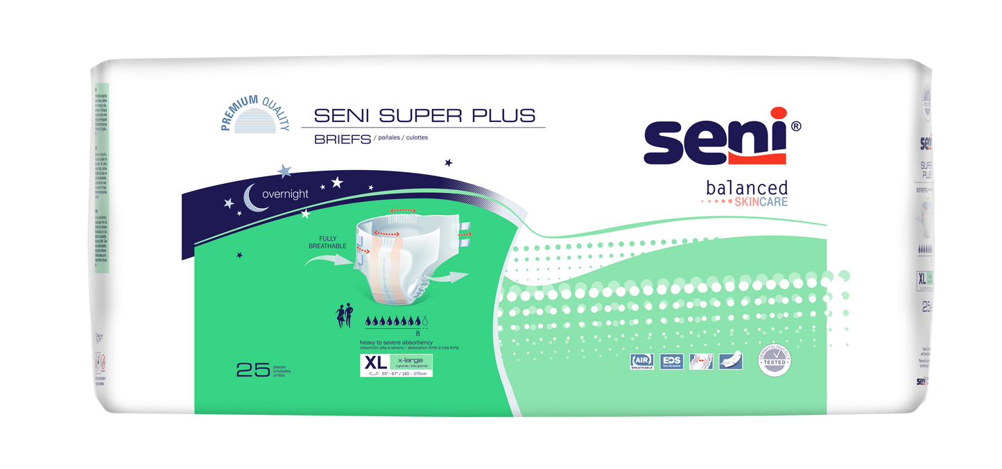 Seni Super Plus Briefs, Extra Large, 25 Count - 55" - 67" - MahaStar Adult Products