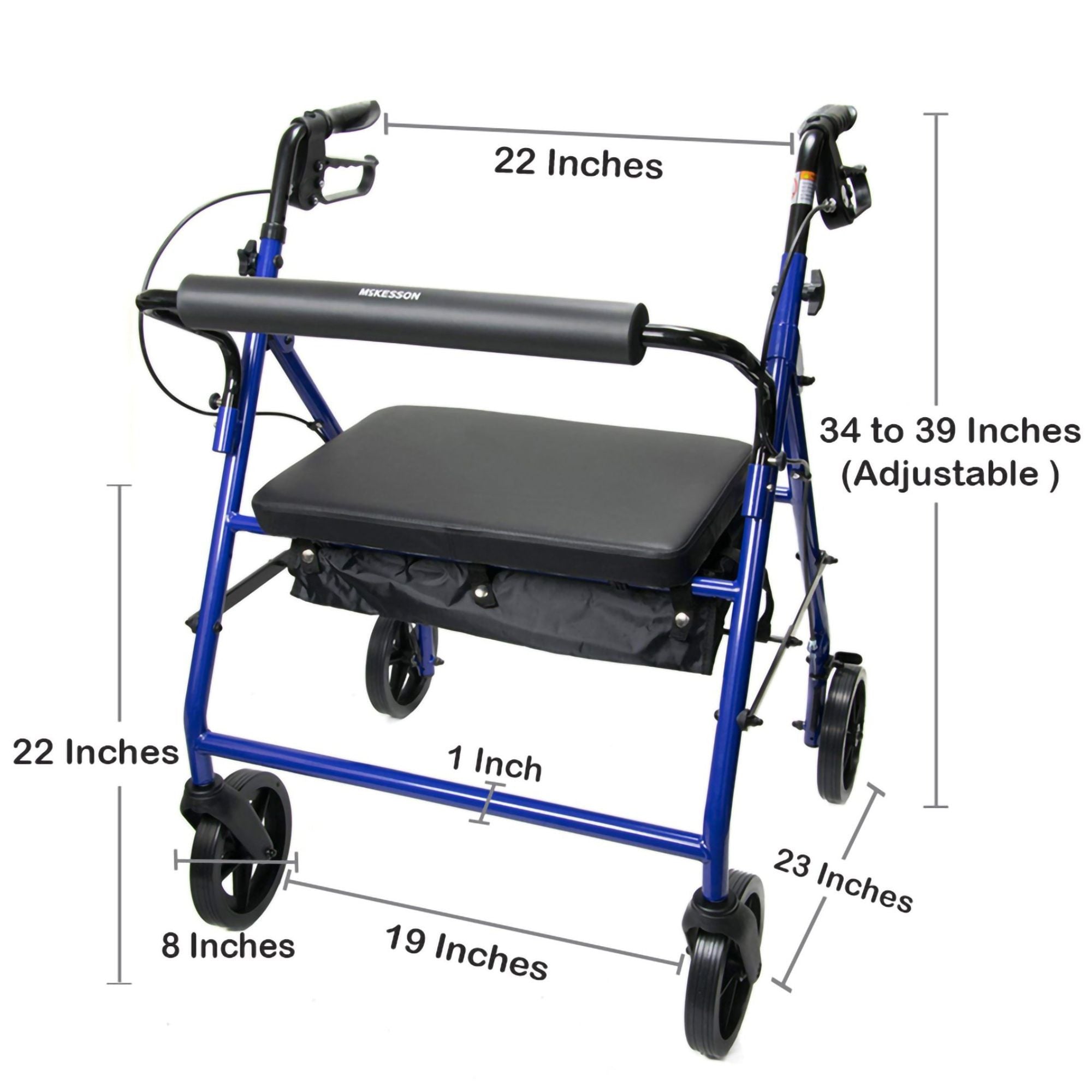 McKesson Folding Bariatric 4 Wheel Rollator, Blue, Steel Frame
