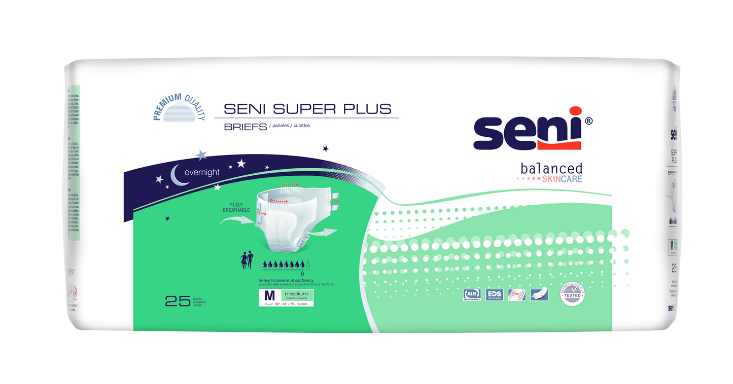 Seni Super Plus Briefs, Medium, 25 Count - 30" - 43" - MahaStar Adult Products